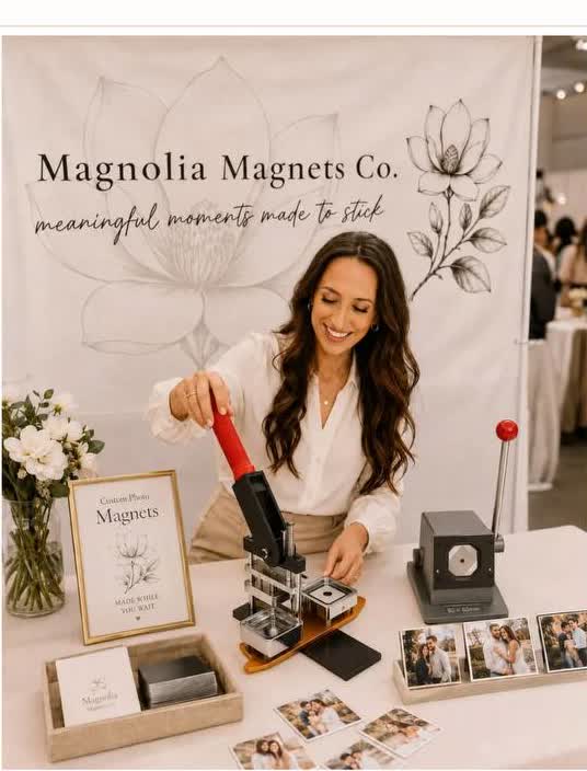 Magnolia Magnets Co. booth display with handcrafted photo magnets