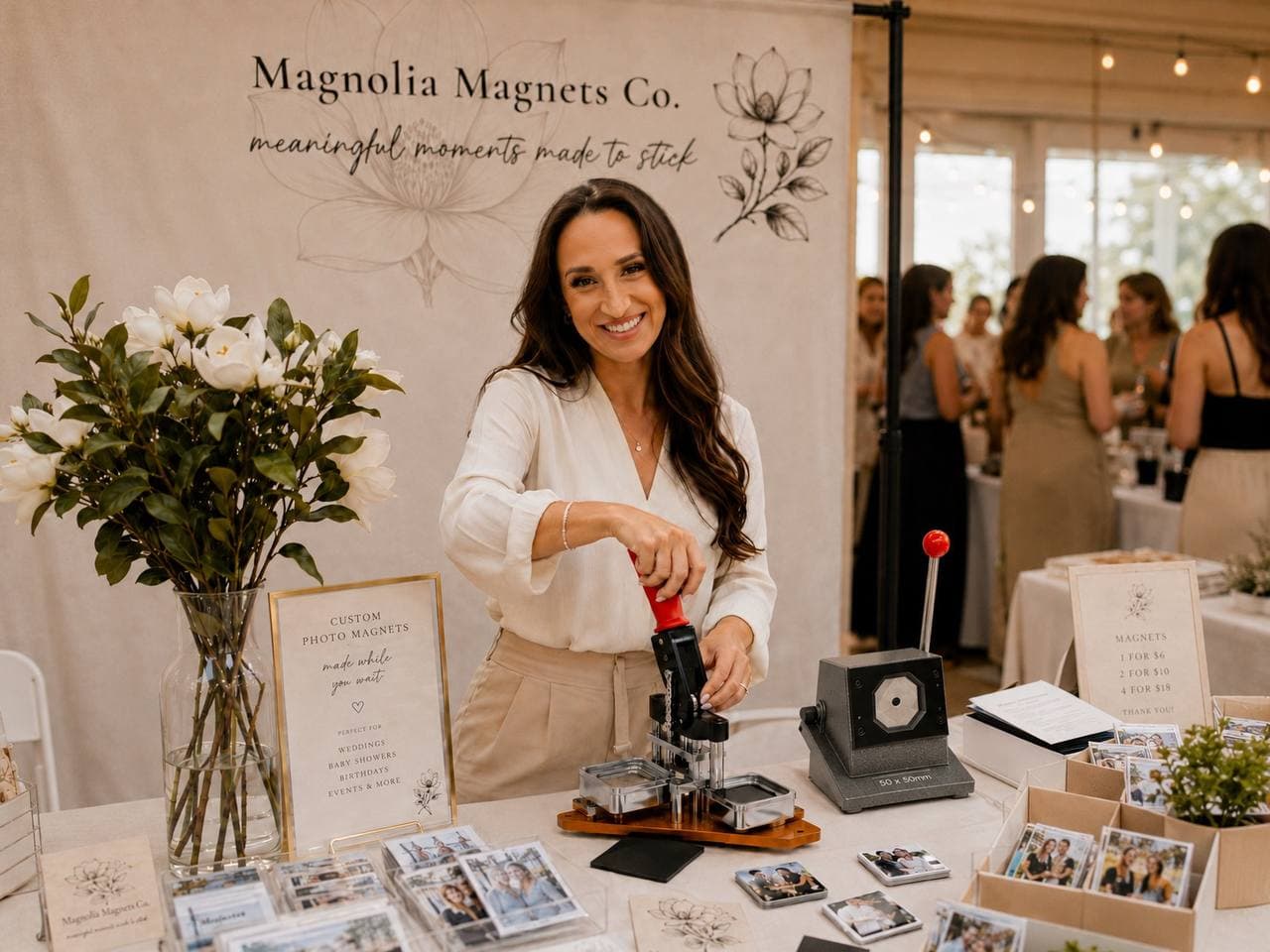 Magnolia Magnets founder at a branded event booth making custom photo magnets