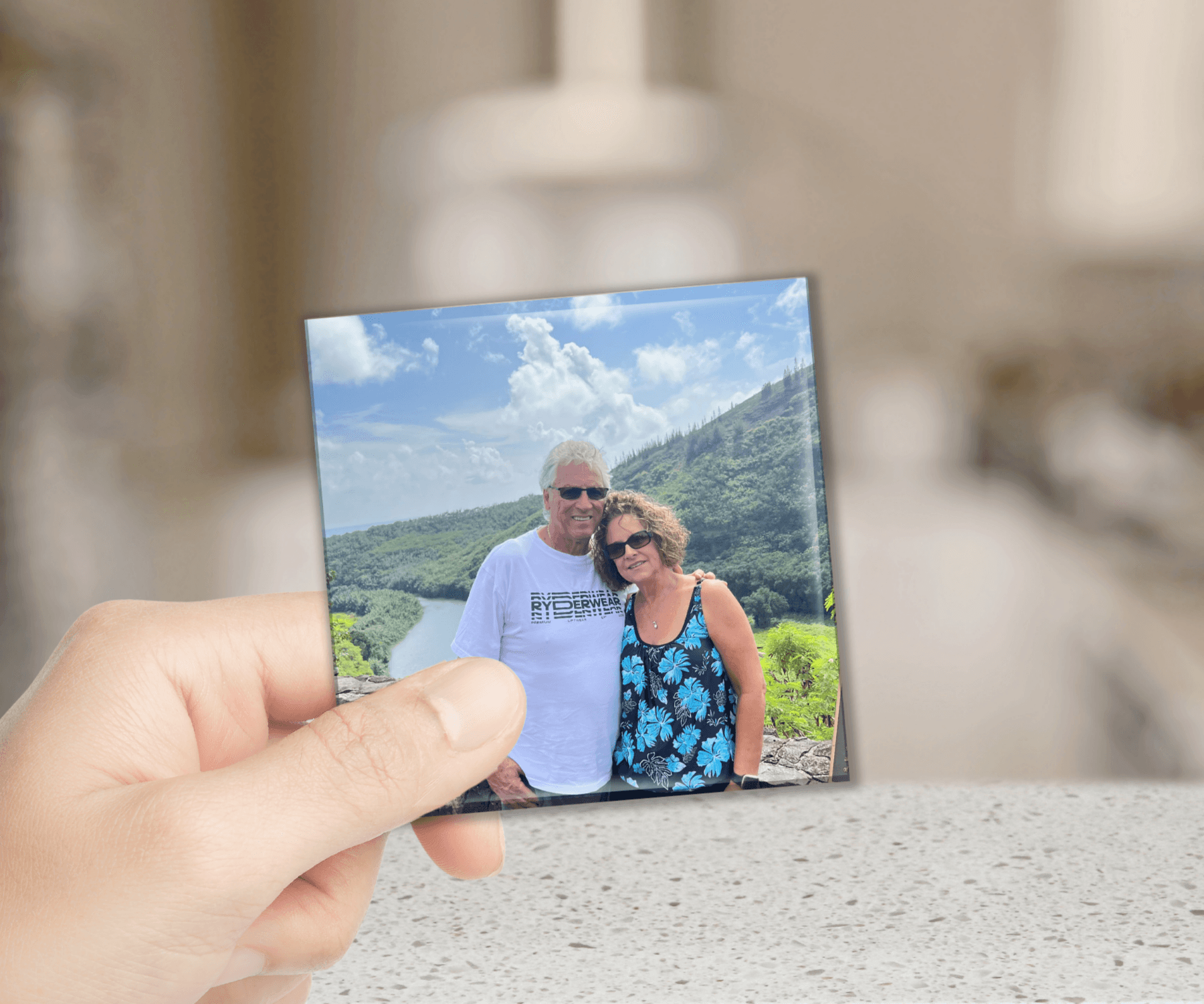 Finished Magnolia photo magnets held in hand
