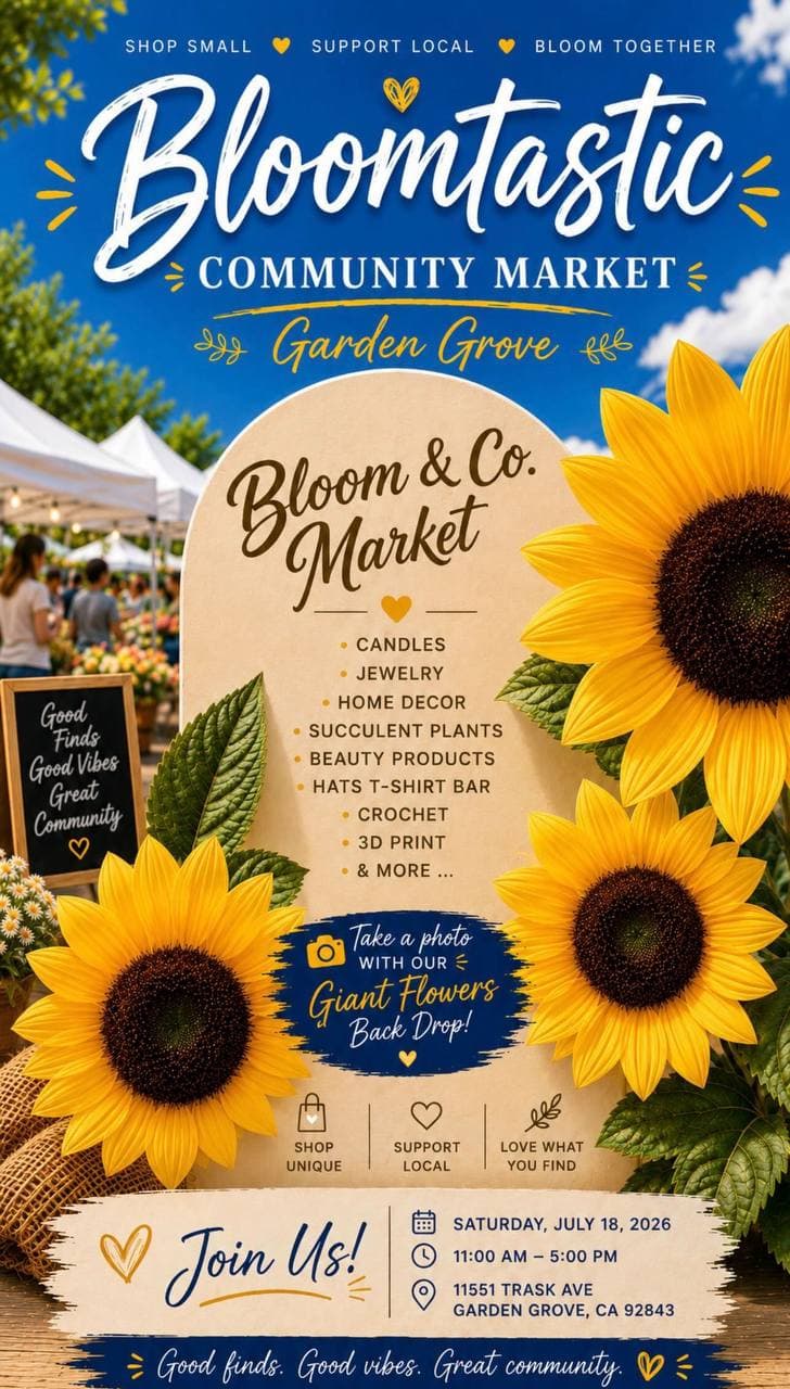 Bloomtastic Community Market Garden Grove flyer for Saturday, July 18, 2026 from 11:00 AM to 5:00 PM at 11551 Trask Ave, Garden Grove, CA 92843