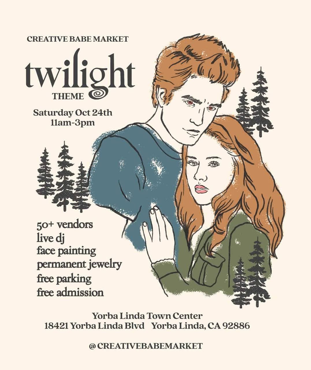 Creative Babe Market Twilight Theme flyer for Saturday, October 24, 2026 from 11:00 AM to 3:00 PM at Yorba Linda Town Center, 18421 Yorba Linda Blvd, Yorba Linda, CA 92886