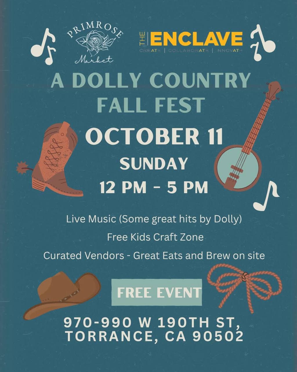 A Dolly Country Fall Fest by Primrose Market and The Enclave flyer for Sunday, October 11, 2026 from 12:00 PM to 5:00 PM at 970 to 990 W 190th St, Torrance, CA 90502