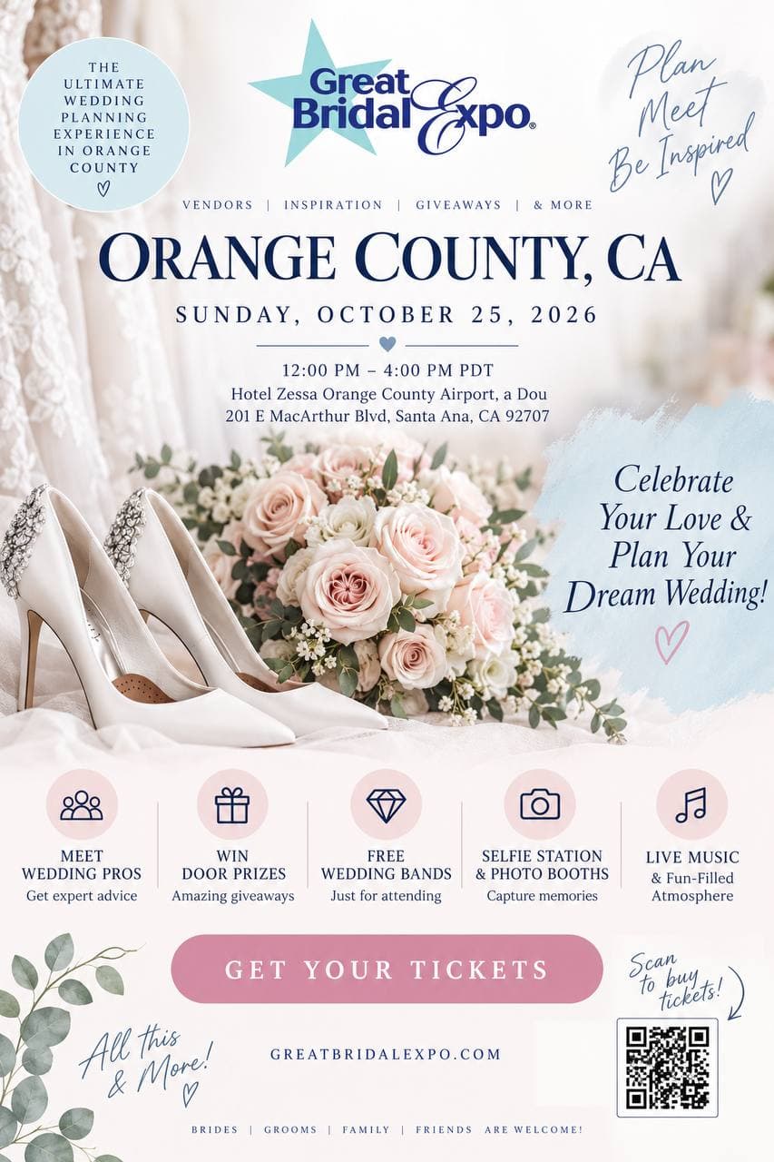 Great Bridal Expo Orange County flyer for Sunday, October 25, 2026 from 12:00 PM to 4:00 PM at Hotel Zessa Orange County Airport, 201 E MacArthur Blvd, Santa Ana, CA 92707