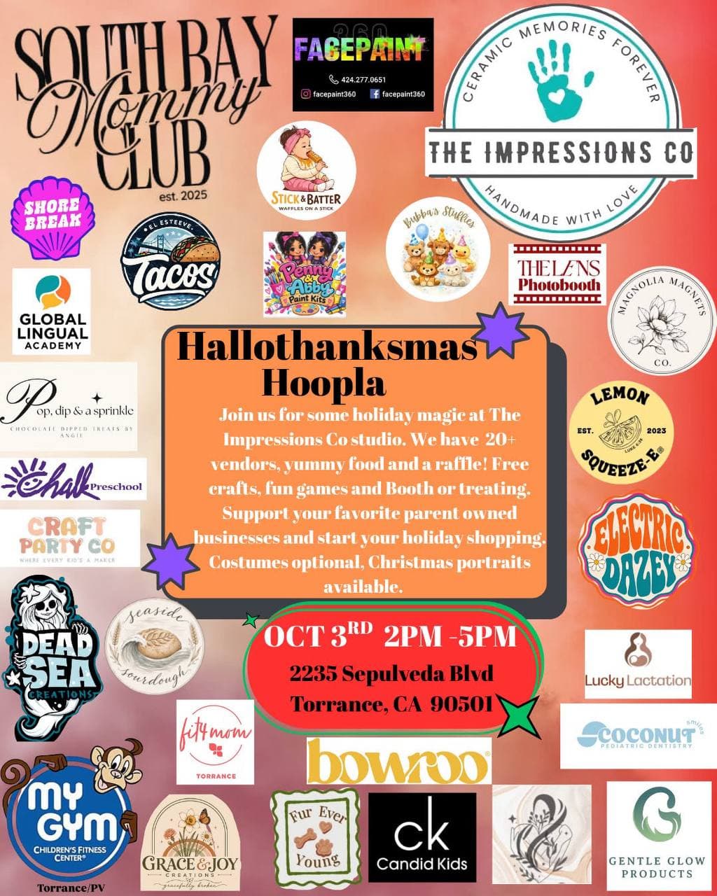 Hallothanksmas Hoopla by South Bay Mommy Club and The Impressions Co. flyer for Saturday, October 3, 2026 from 2:00 PM to 5:00 PM at 2235 Sepulveda Blvd, Torrance, CA 90501