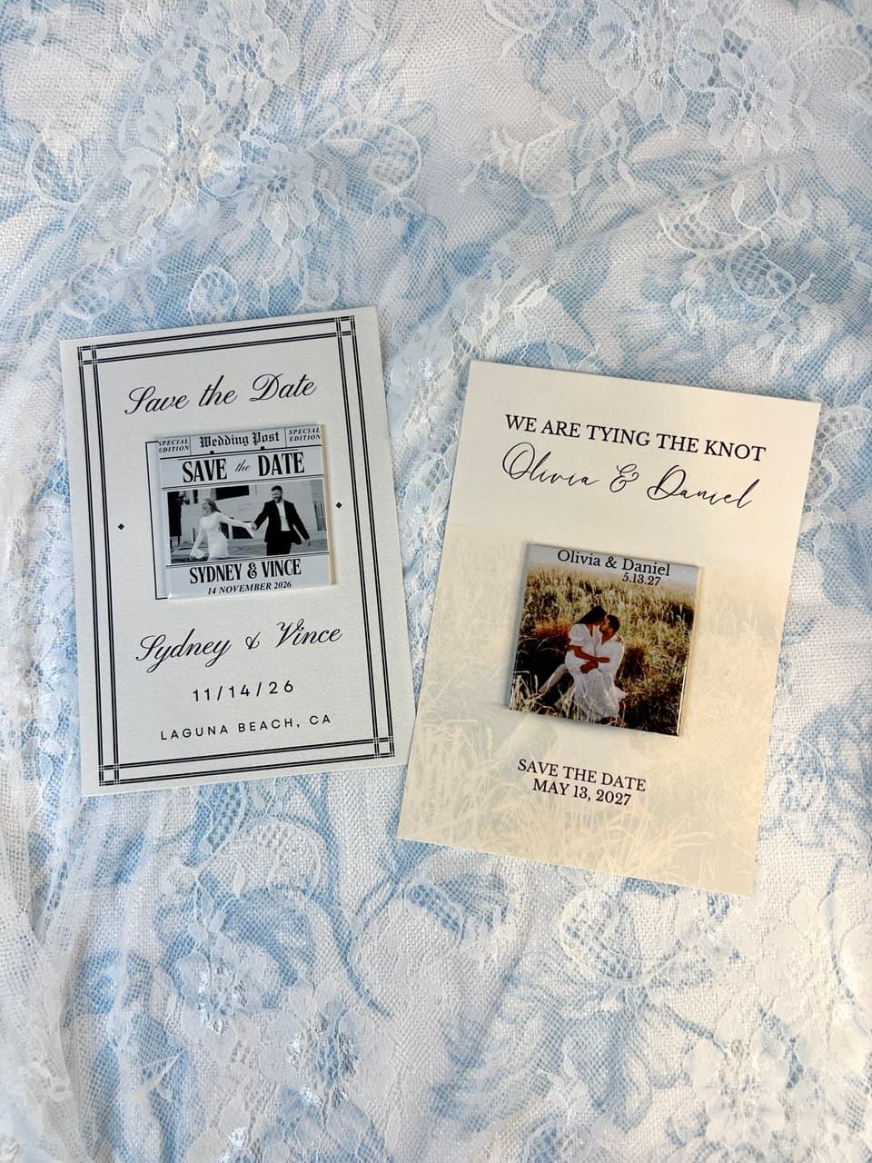 Two custom save-the-date invitation designs displayed on white lace