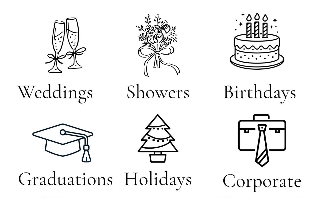 Perfect For section reference with illustrated categories for weddings, showers, birthdays, graduations, holidays, and corporate events