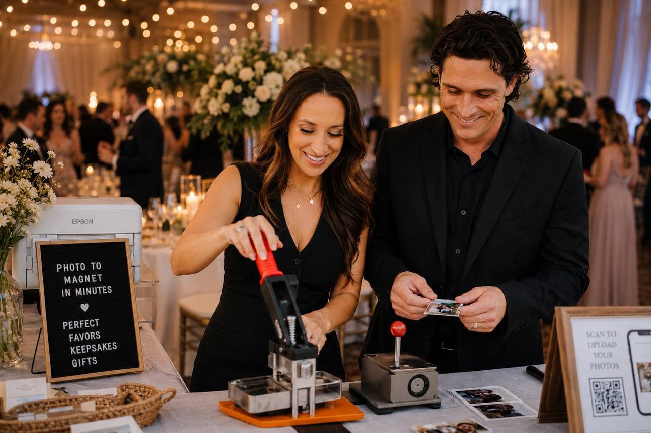 Guests creating custom photo magnets at a Magnolia Magnets Co. event station