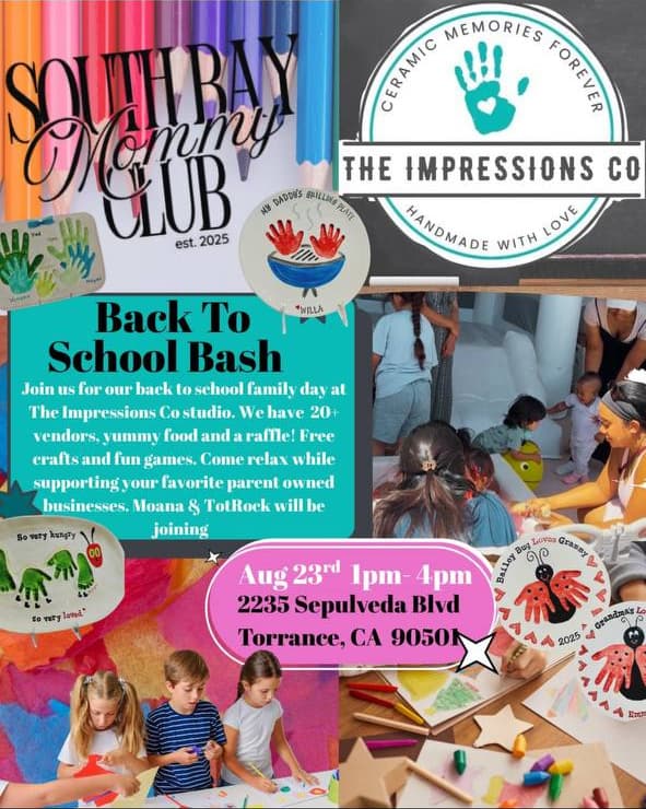 Back to School Bash by Soft Play Mommy Club and The Impressions Co. flyer for Sunday, August 23, 2026 from 1:00 PM to 4:00 PM at 2235 Sepulveda Blvd, Torrance, CA 90501