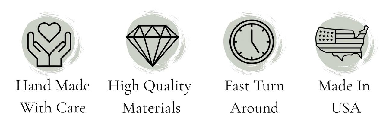 Four Magnolia Magnets benefit icons for hand made with care, high quality materials, fast turn around, and made in USA